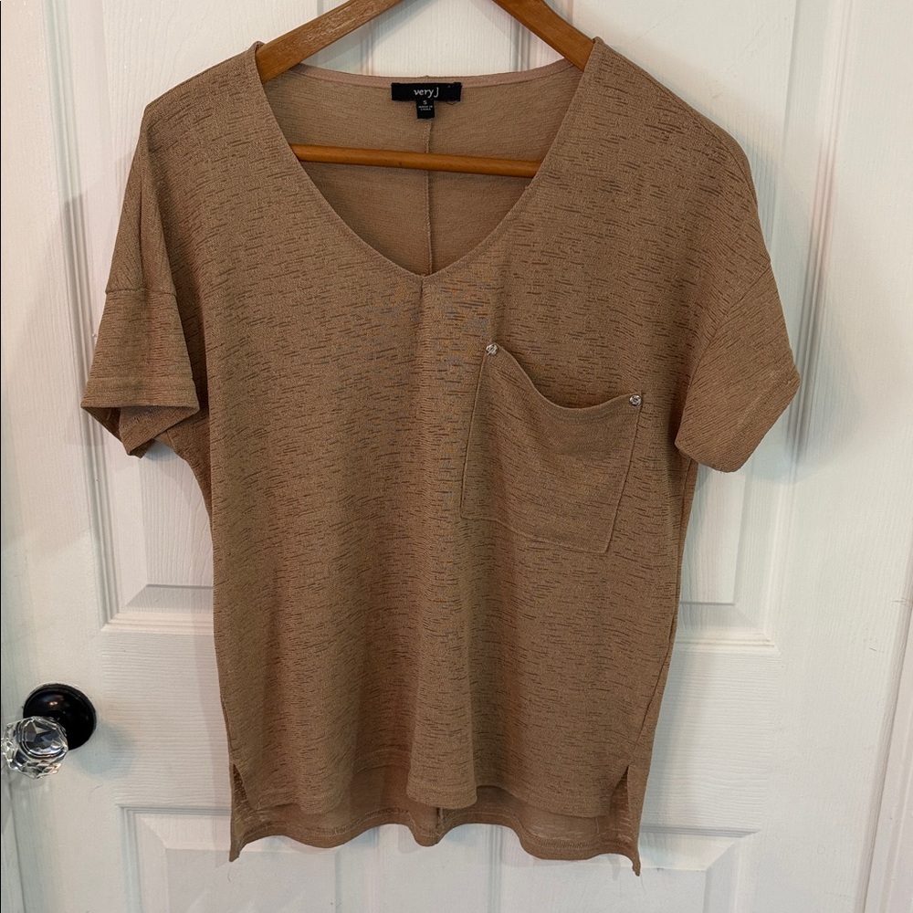 Very J Tan V-Neck Pocket Tee